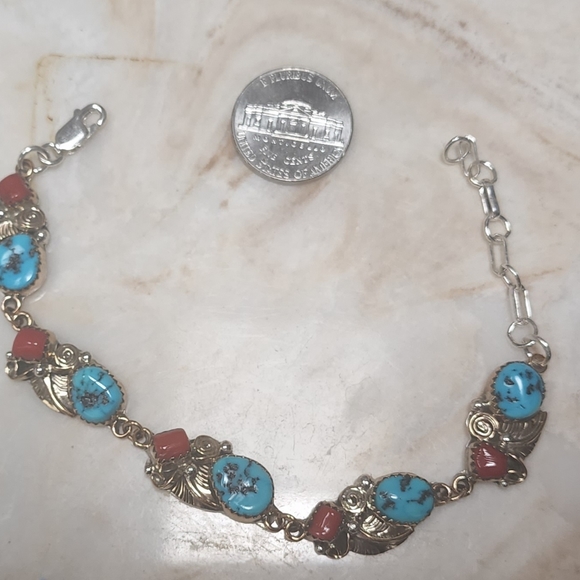 Native American Turquoise and Coral Sterling Silver & Gold Bracelet - Picture 3 of 5